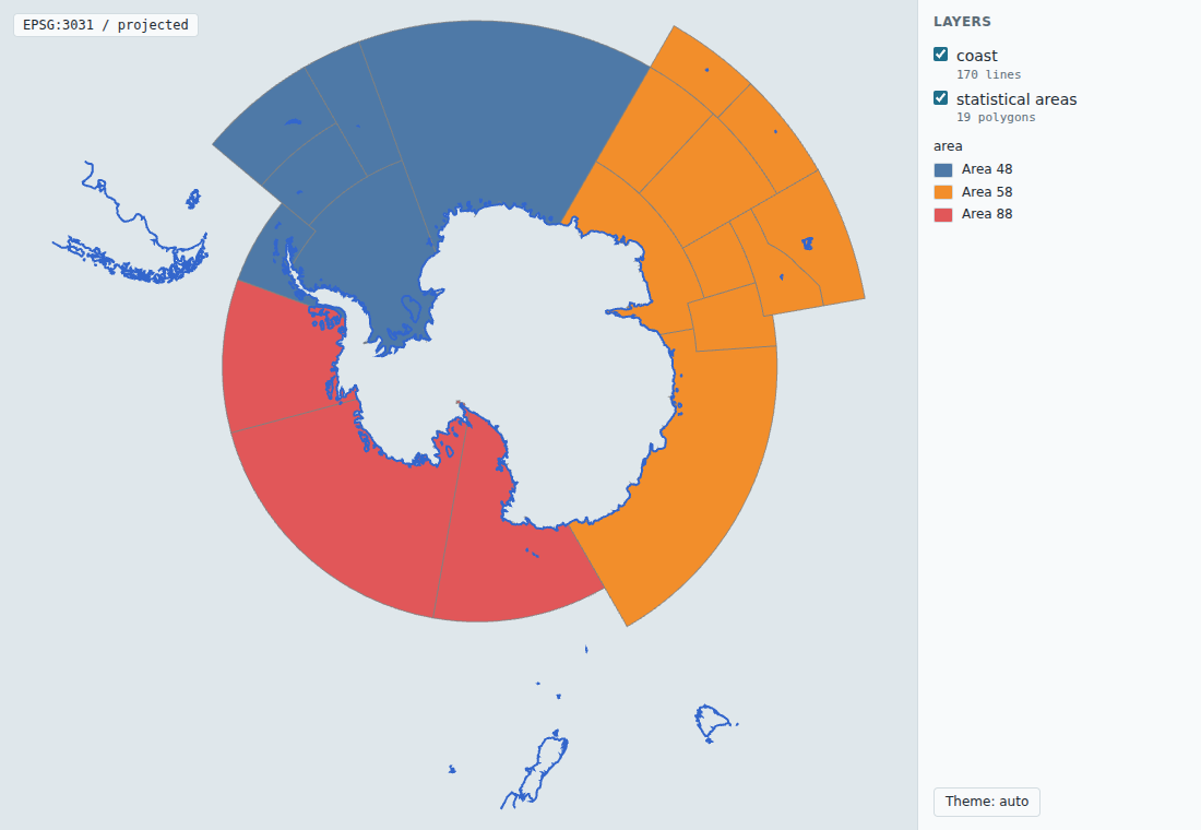 CCAMLR statistical areas coloured by area, with a legend and a popup, over the coastline in EPSG:3031